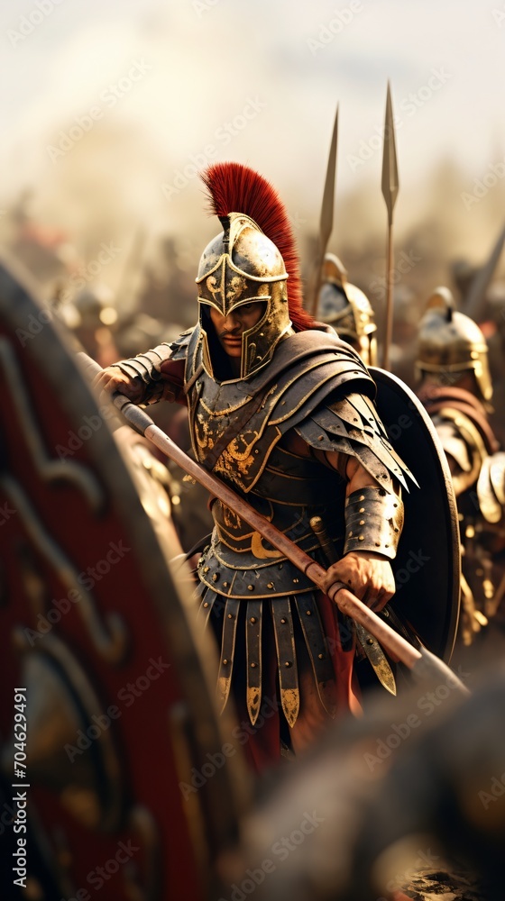 An armored hoplite with red plume and spear in ancient Greek phalanx formation