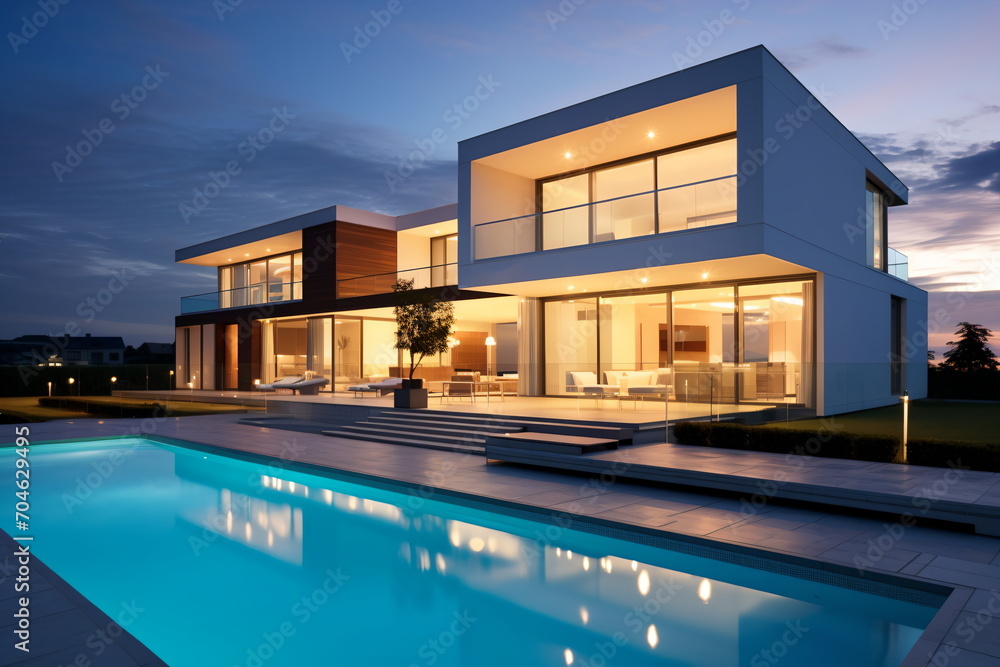 Fototapeta premium Modern house with pool at night