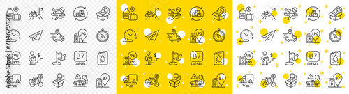 Outline Gas station, Delivery truck and Diesel line icons pack for web with Mountain bike, Return package, Delivery location line icon. Petrol station, Exhaust, Travel compass pictogram icon. Vector