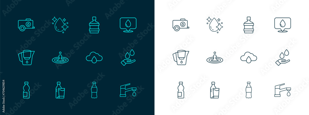 Set line Water drop with location, Bottle of water glass, Cloud rain, Big bottle clean, Mobile tank and icon. Vector Set line Water drop with location, Bottle of water glass, Cloud rain, Big bottle clean, Mobile tank and icon. Vector