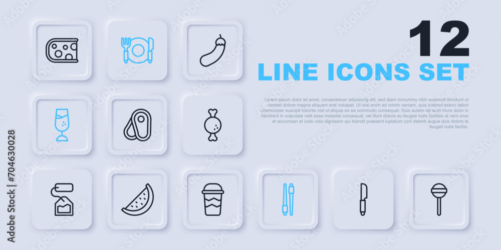Set line Knife, Lollipop, Steak meat, Food chopsticks, Wine glass, Watermelon, Plate, fork and knife and Coffee cup to go icon. Vector Set line Knife, Lollipop, Steak meat, Food chopsticks, Wine glass, Watermelon, Plate, fork and knife and Coffee cup to go icon. Vector