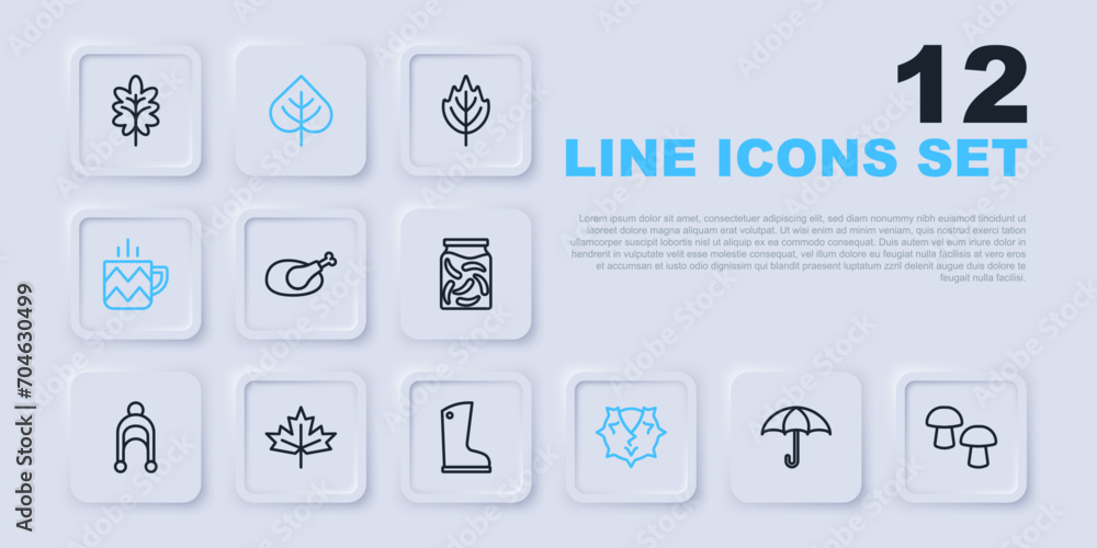 Set line Umbrella, Mushroom, Roasted turkey or chicken, Chestnut, Cup of tea, Canadian maple leaf, Leaf and Waterproof rubber boot icon. Vector Set line Umbrella, Mushroom, Roasted turkey or chicken, Chestnut, Cup of tea, Canadian maple leaf, Leaf and Waterproof rubber boot icon. Vector