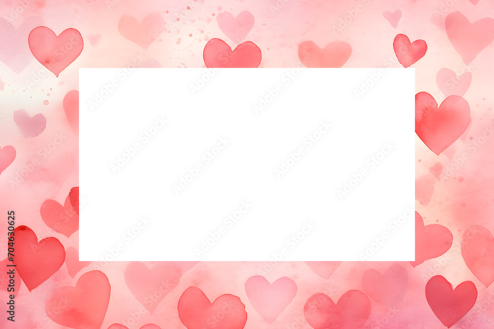 Hand painted Watercolor frame background with hearts and white cops space for text inside