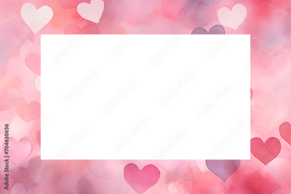 Hand painted Watercolor frame background with hearts and white cops space for text inside