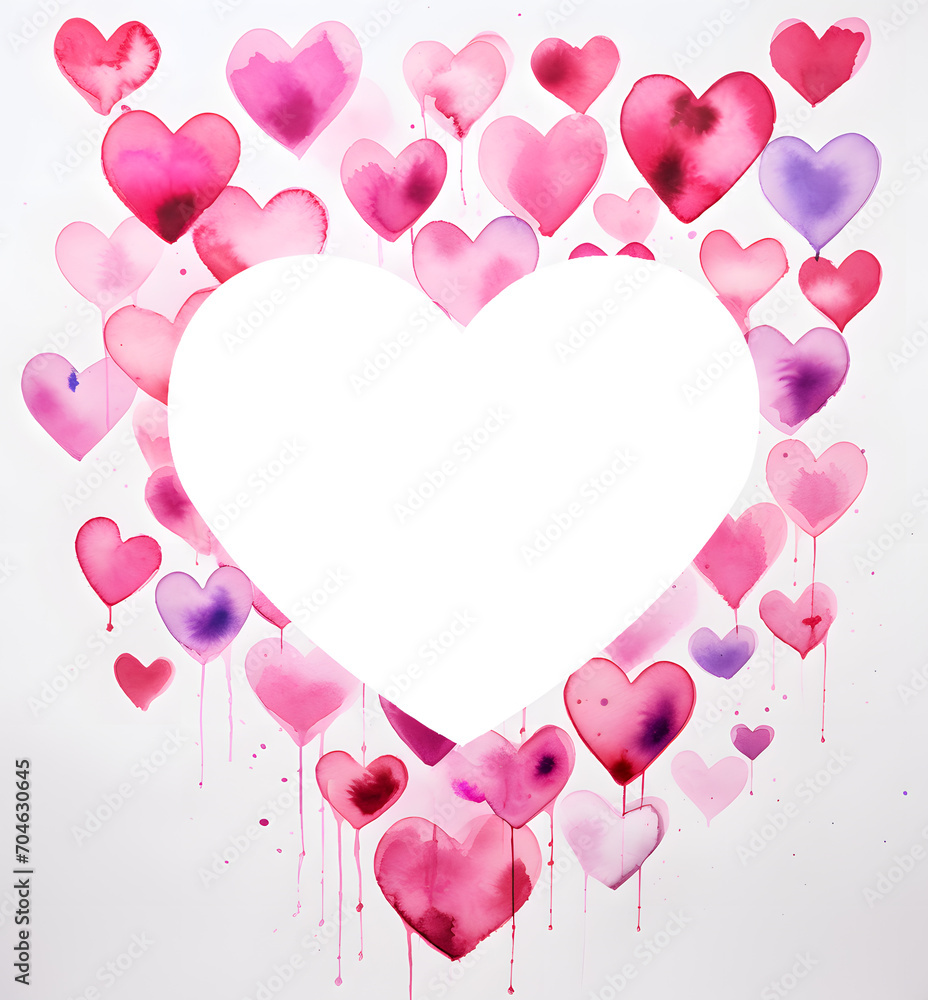 Hand painted watercolor Valentine's day pink colorful heart frame isolated on white background