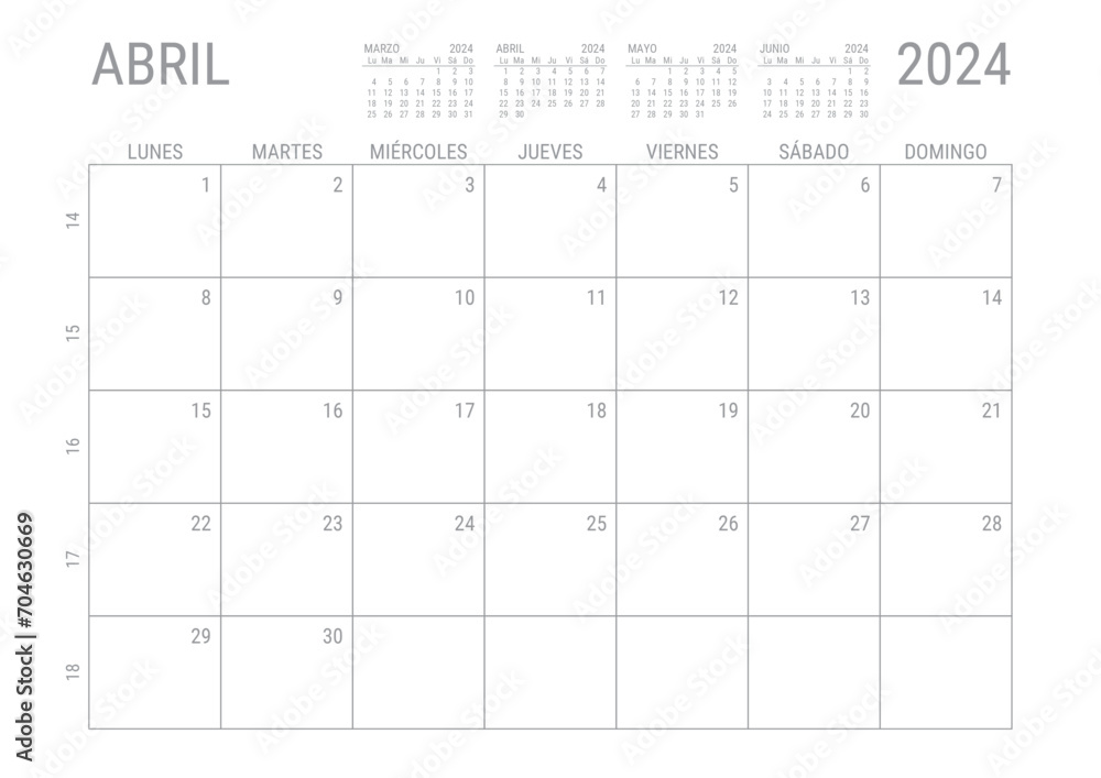 Abril Calendario 2024 Mensual para imprimir con numero de semanas A4 - obrazy, fototapety, plakaty 