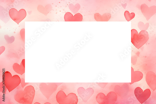 Hand painted Watercolor frame background with hearts and white cops space for text inside © Oksana