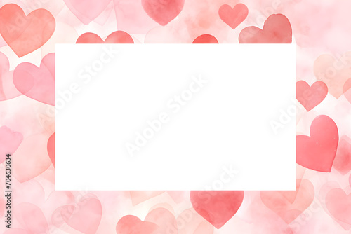 Hand painted Watercolor frame background with hearts and white cops space for text inside © Oksana