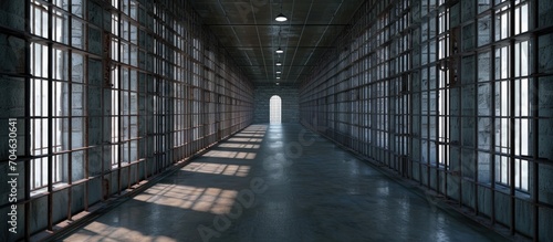 Incarceration facility with high barriers and prison systems for detaining and punishing offenders, including a women's prison, symbolizing the despair of being captive. photo