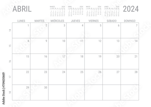 Abril Calendario 2024 Mensual para imprimir con numero de semanas A4