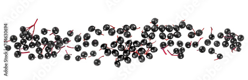 Healing berries of black Sambucus isolated on a white background, top view. European black elderberry.