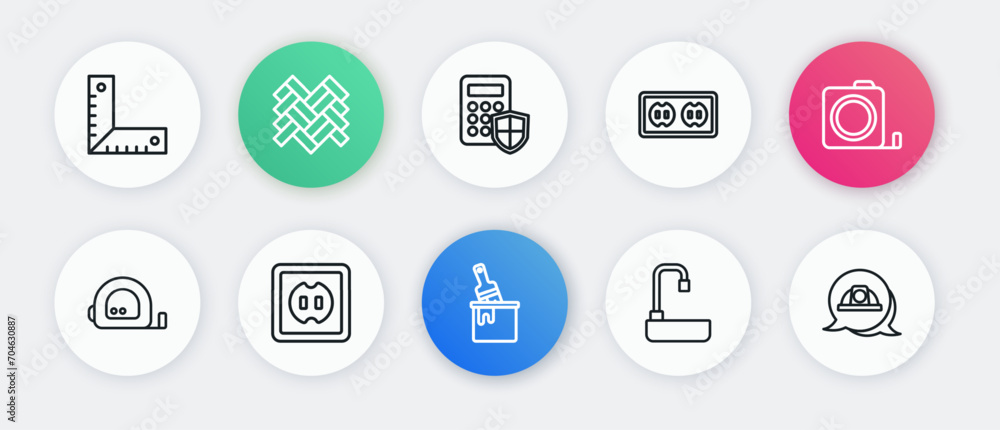 Set line Paint bucket with brush, Roulette construction, Washbasin, Electrical outlet, Security keypad access panel, Worker safety helmet and icon. Vector Set line Paint bucket with brush, Roulette construction, Washbasin, Electrical outlet, Security keypad access panel, Worker safety helmet and icon. Vector