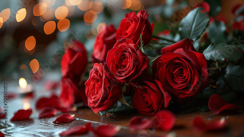 Red Roses with Petals and Bokeh Lights