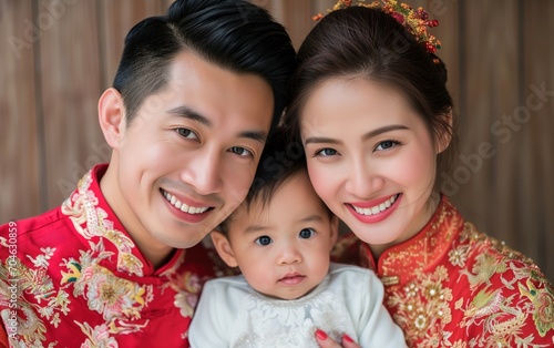 Happy chinese family with kid. Wife and husband