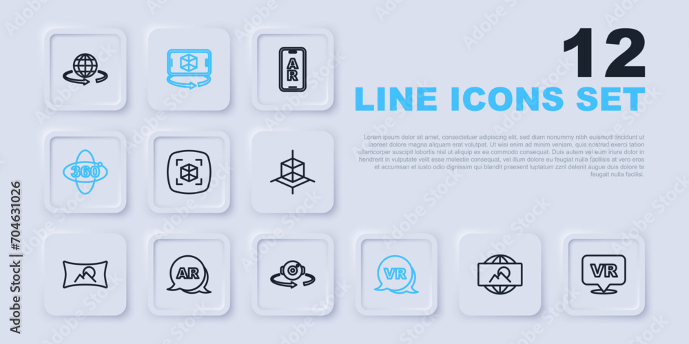 Set line Wide angle picture, Virtual reality, 3d modeling, 360 degree view, Augmented AR, and icon. Vector Set line Wide angle picture, Virtual reality, 3d modeling, 360 degree view, Augmented AR, and icon. Vector