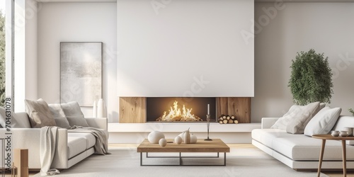 Modern white living room with wooden accents featuring a sleek fireplace and sofa. © Vusal