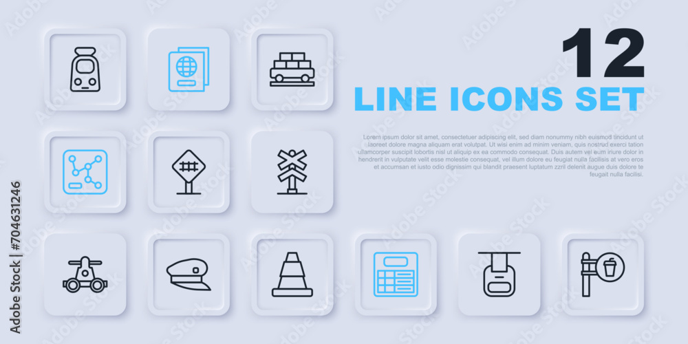 Set line Cable car, Cafe and restaurant location, Railroad crossing, Train station board, Railway map, driver hat, Passport and Traffic cone icon. Vector