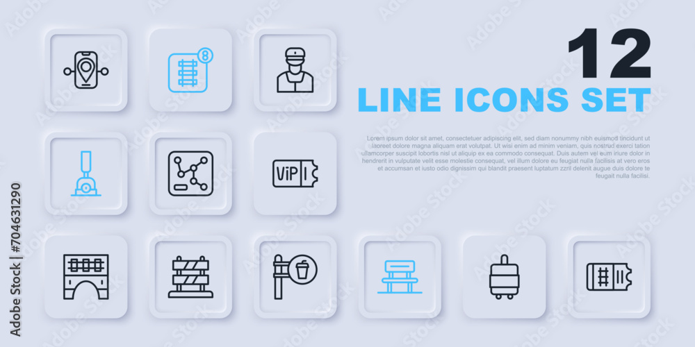 Set line Suitcase, Train ticket, Railway map, Waiting hall, Arrow for switching the railway, End of tracks, Online booking and Cafe and restaurant location icon. Vector