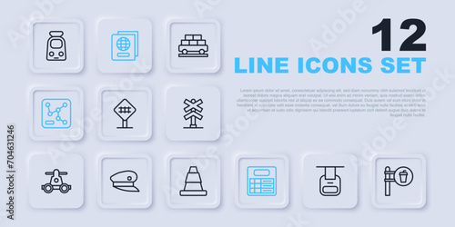 Set line Cable car, Cafe and restaurant location, Railroad crossing, Train station board, Railway map, driver hat, Passport and Traffic cone icon. Vector