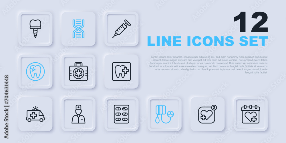 Set line Mobile with heart rate, Doctor appointment, First aid kit, Blood pressure, Tooth caries, Male doctor, DNA symbol and Pills blister pack icon. Vector Set line Mobile with heart rate, Doctor appointment, First aid kit, Blood pressure, Tooth caries, Male doctor, DNA symbol and Pills blister pack icon. Vector