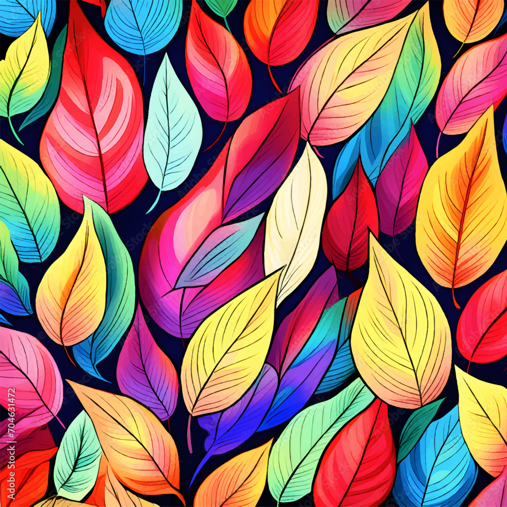 A captivating pattern of hand-drawn abstract leaves in rainbow colors A captivating pattern of hand-drawn abstract leaves in rainbow colors