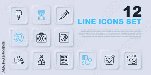 Set line Mobile with heart rate, Doctor appointment, First aid kit, Blood pressure, Tooth caries, Male doctor, DNA symbol and Pills blister pack icon. Vector