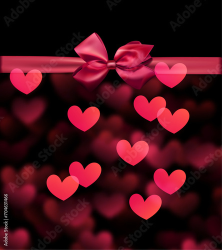 Pink banner with defocused blurred hearts with satin bow. Happy Valentine's day header or voucher or letter template.