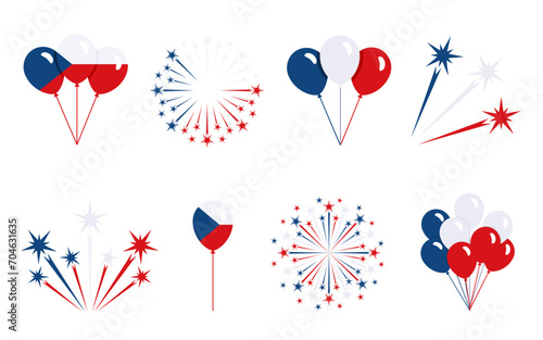 Round firework and bundle of balloons icon set of czech flag colors. Vector clipart, illustration of national holidays and festive event in Czech Republic, flat sign or symbol for web design.