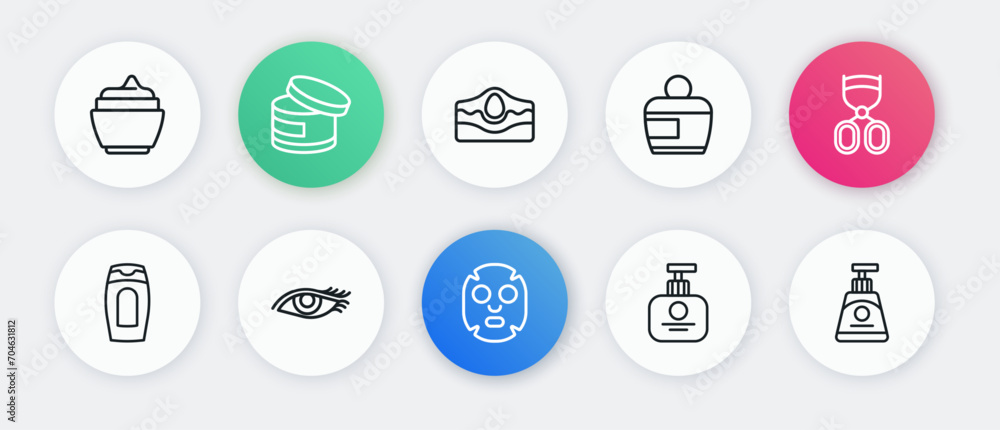 Set line Facial cosmetic mask, Eyelash curler, Bottle of shampoo, Tube hand cream, Cream or lotion tube, Acne, and Woman eye icon. Vector Set line Facial cosmetic mask, Eyelash curler, Bottle of shampoo, Tube hand cream, Cream or lotion tube, Acne, and Woman eye icon. Vector