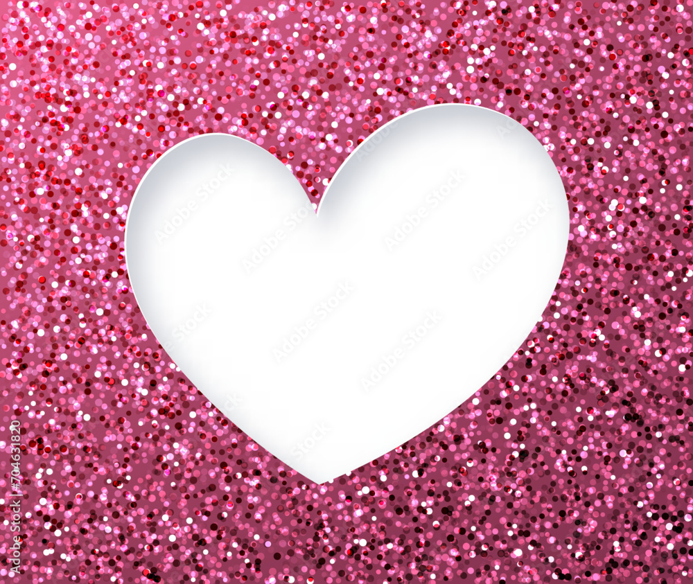 Heart shape hole through shiny glittering pink paper. White blank space for text.