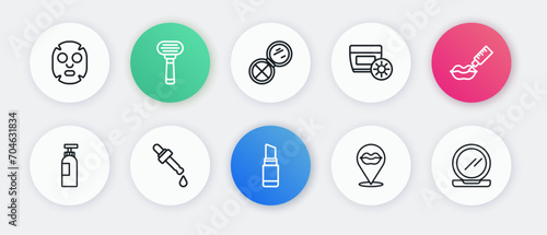 Set line Lipstick, augmentation, Bottle of shampoo, Smiling lips, Sunscreen cream tube, Makeup powder with mirror, and Pipette oil icon. Vector