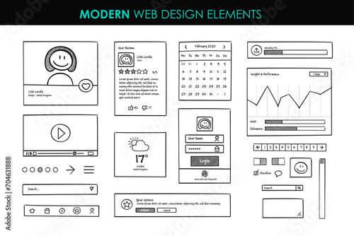 Set modern design elements page template. Website UI UX design hand drawn wire frames. Web elements with navigation, buttons, icons for use on the site. Vector illustration.