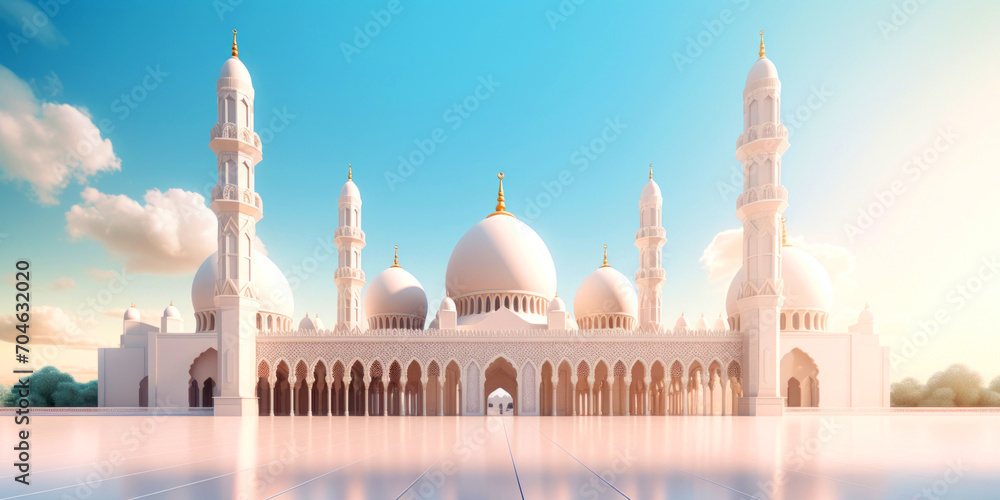 Obraz premium Background with a 3D model of a mosque in white and blue sky