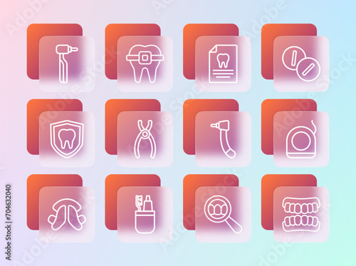 Set line Toothache painkiller tablet, Toothbrush and toothpaste, drill, Dental search, pliers, Clipboard with dental card, and Teeth braces icon. Vector