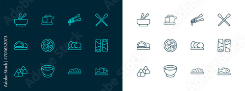 Set line Food chopsticks, Soy sauce in bowl, Chicken egg, Fish steak, Homemade pie, with noodles, Asian and Traditional ceremony icon. Vector