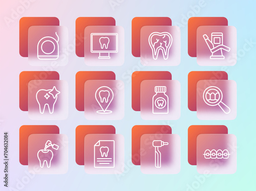 Set line Medical dental chair, Clipboard with card, Toothache painkiller tablet, drill, Dental clinic location, Broken tooth, floss and Online care icon. Vector