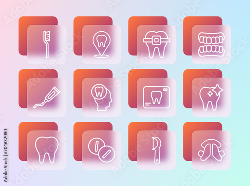 Set line Dentures model, Toothache painkiller tablet, X-ray of tooth, Dental floss, Teeth with braces, Toothbrush and clinic location icon. Vector