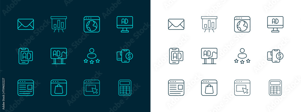 Set line Advertising, Online shopping on screen, Consumer product rating, Worldwide, Mail and e-mail and Board with graph chart icon. Vector Set line Advertising, Online shopping on screen, Consumer product rating, Worldwide, Mail and e-mail and Board with graph chart icon. Vector