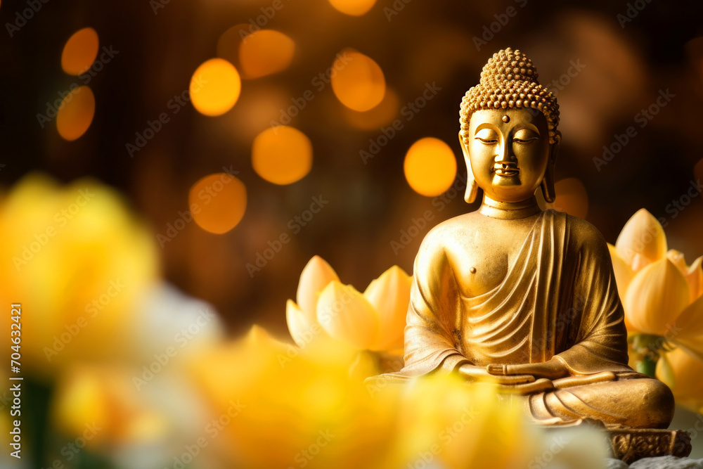 Fototapeta premium Buddha statue with lotuses and candles against golden bokeh background