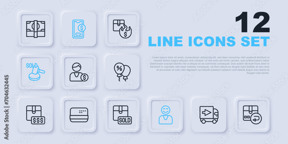 Set line Delivery cargo truck, Return cardboard box, Buyer, Happy customer, Auction hammer, Credit, Mobile with dollar and Sold icon. Vector Set line Delivery cargo truck, Return cardboard box, Buyer, Happy customer, Auction hammer, Credit, Mobile with dollar and Sold icon. Vector