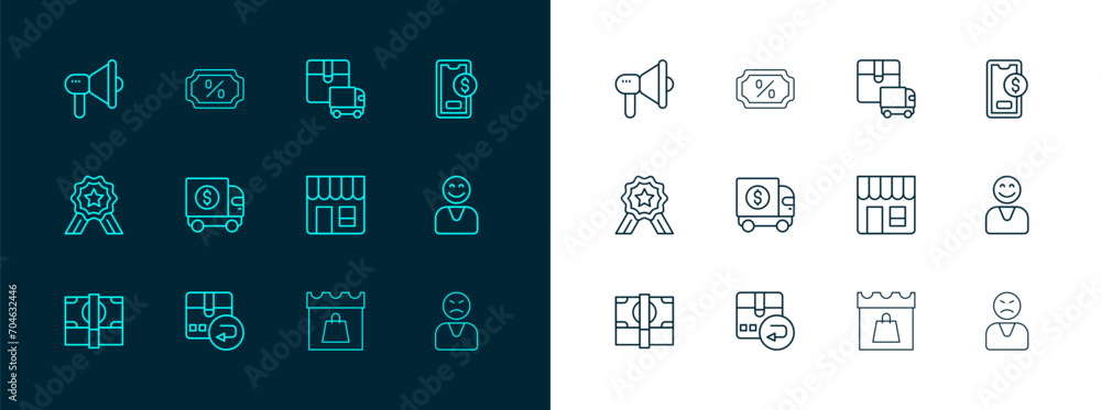 Set line Mobile with dollar, Return cardboard box, Market store, Shopping day, Armored truck, Delivery cargo, Megaphone and Discount percent tag icon. Vector Set line Mobile with dollar, Return cardboard box, Market store, Shopping day, Armored truck, Delivery cargo, Megaphone and Discount percent tag icon. Vector