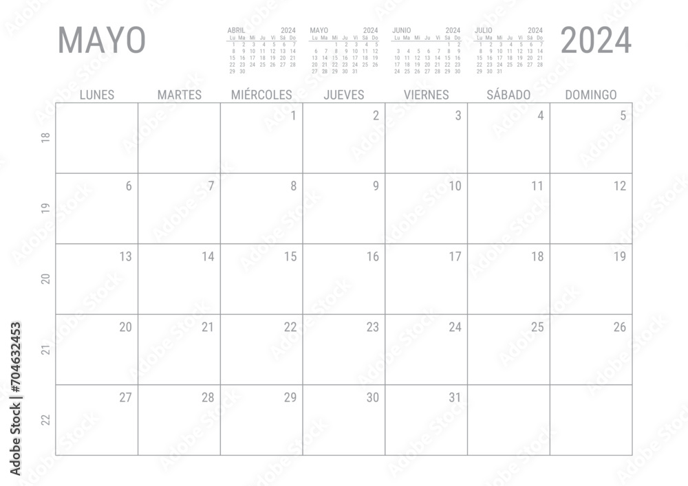 Mayo Calendario 2024 Mensual para imprimir con numero de semanas A4