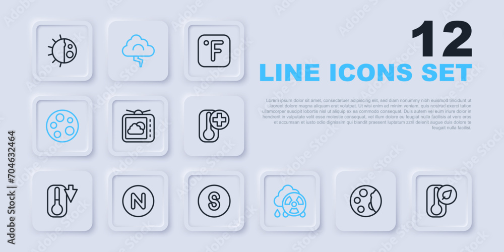 Set line Moon phases, Thermometer, Weather forecast, Acid rain radioactive cloud, Compass north, Cloud and lightning and south icon. Vector