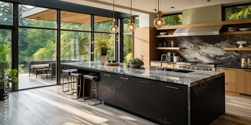 Contemporary kitchen in luxury home with island, sink, cabinets, and large window.