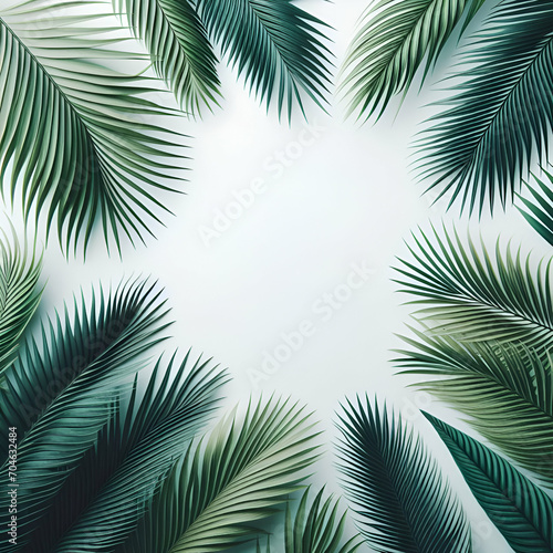 Green tropical palm leaves branches frame isolated on white background 