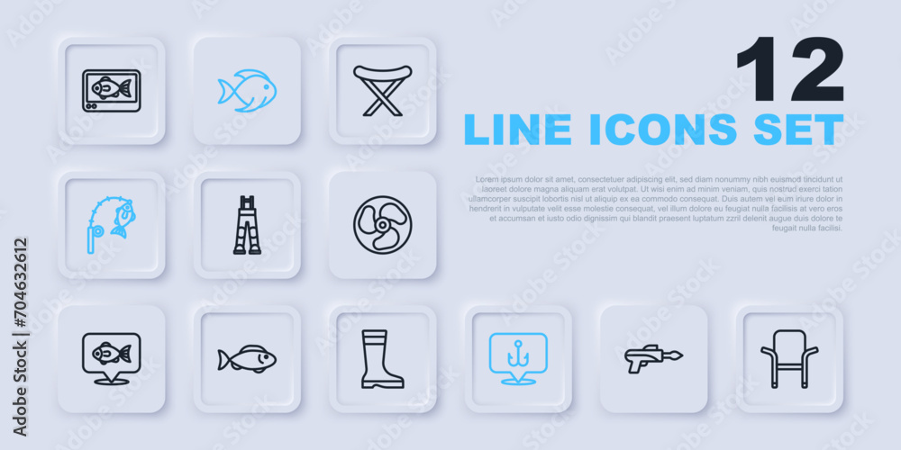 Set line Fishing harpoon, Camping folding chair, Fisherman pants, hook, rod and fish, and boots icon. Vector Set line Fishing harpoon, Camping folding chair, Fisherman pants, hook, rod and fish, and boots icon. Vector