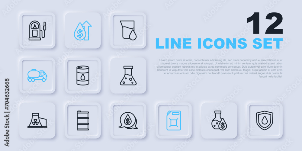 Set line Oil petrol test tube, drop on shield, Barrel oil, Canister for gasoline, Tanker truck, price increase and with dollar symbol icon. Vector Set line Oil petrol test tube, drop on shield, Barrel oil, Canister for gasoline, Tanker truck, price increase and with dollar symbol icon. Vector