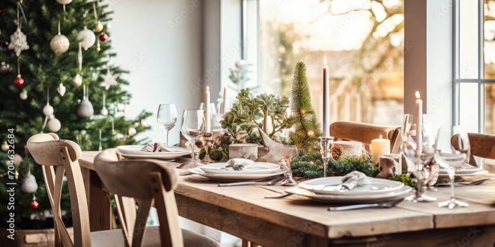 Obraz premium Christmas-themed artistic arrangement with a rustic wooden picture frame, vase of pine tree branches, and a coffee-filled festive dinner table in a Scandinavian-style home.