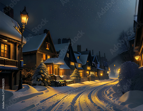 Osiedla starych domów jednorodzinnych w zimowej, świąteczny nastrój w nocnej scenerii. Ulica oświetlona starymi lampami