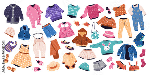 Casual clothing set for kids. Summer and spring fashion garments for boys and girls. Collection of stylish children wearing. isolated flat vector illustrations on white background.